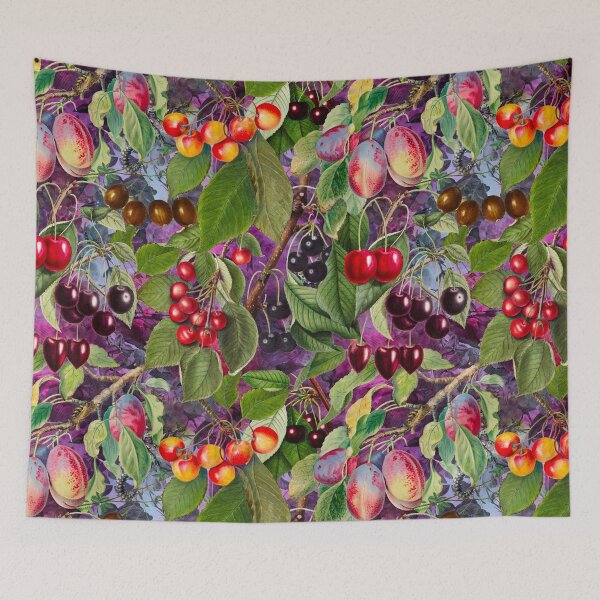 Item preview, Exotic tropical floral leaves and fruits, botanical pattern, tropical plants, purple fruit pattern designed and sold by ZeinabTaha.