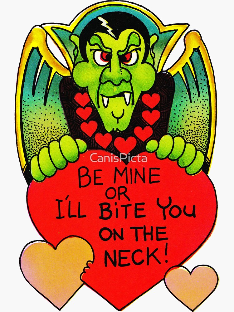 Artwork view, "Bite Me" in Black - Vampire, Dracula, Vintage, Retro, Valentine's, Day, Card, Love, Hearts, Red, Scary, Spooky, Halloween, Holiday, Bats, Funny, Humor, Silly, Cute designed and sold by CanisPicta