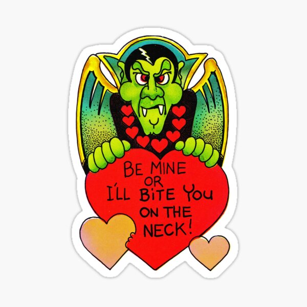 "Bite Me" in Black - Vampire, Dracula, Vintage, Retro, Valentine's, Day, Card, Love, Hearts, Red, Scary, Spooky, Halloween, Holiday, Bats, Funny, Humor, Silly, Cute Sticker