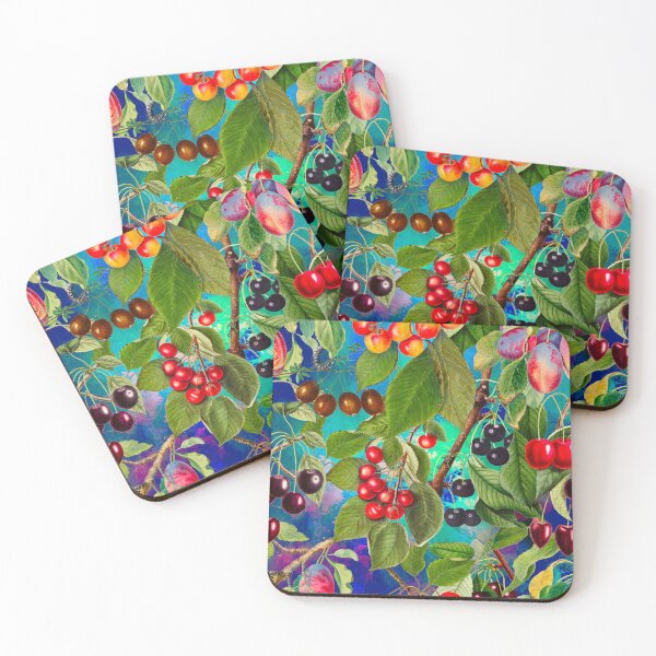 Item preview, Exotic tropical floral leaves and fruits, botanical pattern, tropical plants, aqua dark blue fruit pattern designed and sold by ZeinabTaha.