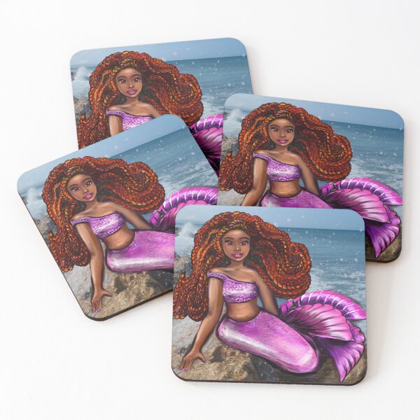 Item preview, Mermaid relaxing on the rocks  with brown eyes, flowing Afro hair and caramel brown skin designed and sold by Artonmytee.