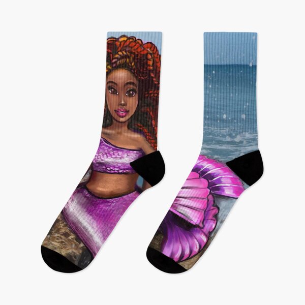 Item preview, Mermaid relaxing on the rocks  with brown eyes, flowing Afro hair and caramel brown skin designed and sold by Artonmytee.
