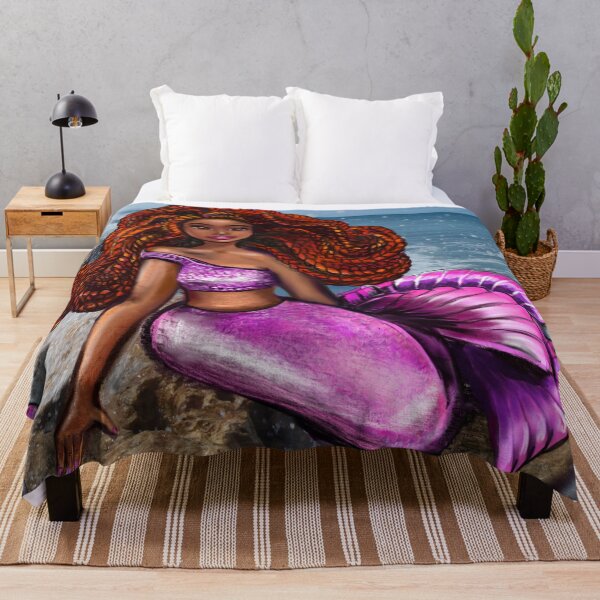 Item preview, Mermaid relaxing on the rocks with brown eyes, flowing Afro hair and caramel brown skin designed and sold by Artonmytee.