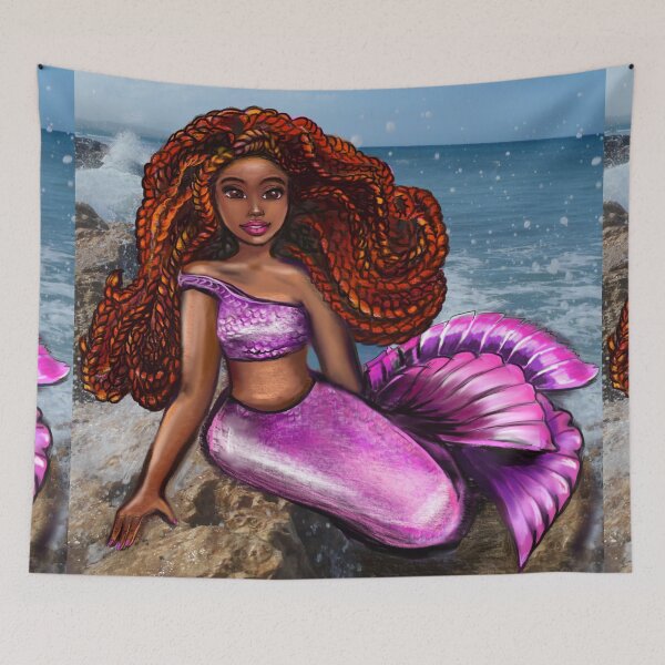Item preview, Mermaid relaxing on the rocks  with brown eyes, flowing Afro hair and caramel brown skin designed and sold by Artonmytee.