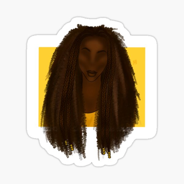 Dark Skinned Black Woman With Half Up Half Down Tribal Braids and Beads Curly Hair Afro Girlie in Yellow Sticker