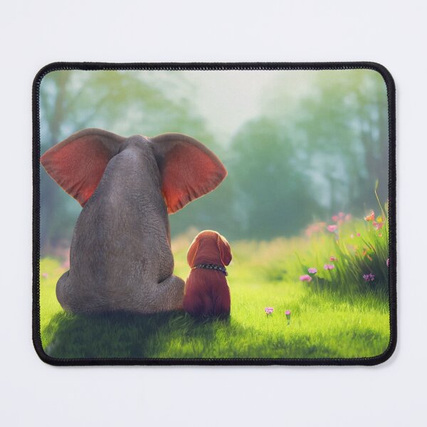 Item preview, elephant and dog sit on a green meadow designed and sold by Mike Kiev art.