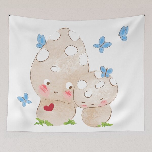 Item preview, Cute Illustration of two loving mushrooms with blue butterflies  designed and sold by Printblisshop.