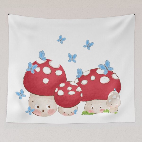 Item preview, Cute Illustration of a loving mushroom family with blue butterflies  designed and sold by Printblisshop.