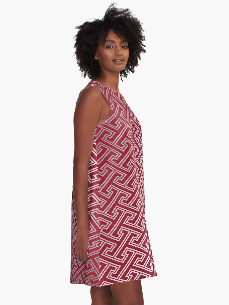 Alternate view of Trendy Fashionable Burgundy Silver Bordeaux Interlocking Pattern A-Line Dress