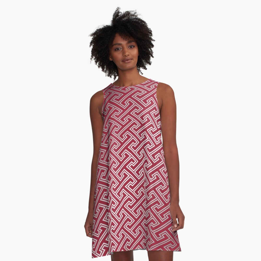 Trendy Fashionable Burgundy Silver Bordeaux Interlocking Pattern A-Line Dress