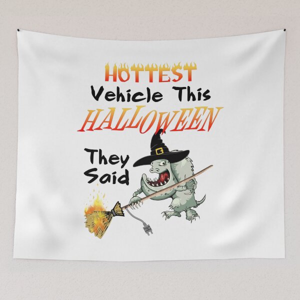 Item preview, Hottest Vehicle This Halloween They Said -  Witch holds an on fire electric broom with hanging plug designed and sold by Oaks Creations.