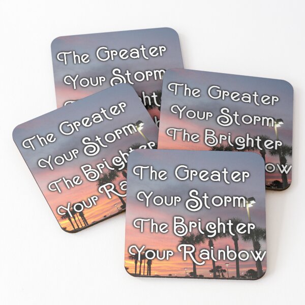 Item preview, The Greater Your Storm, The Brighter Your Rainbow - Inspirational Quote, Colorful Orange Sunset Sky Palm Tree Silhouette Aesthetic Photography designed and sold by Lucidesigns.