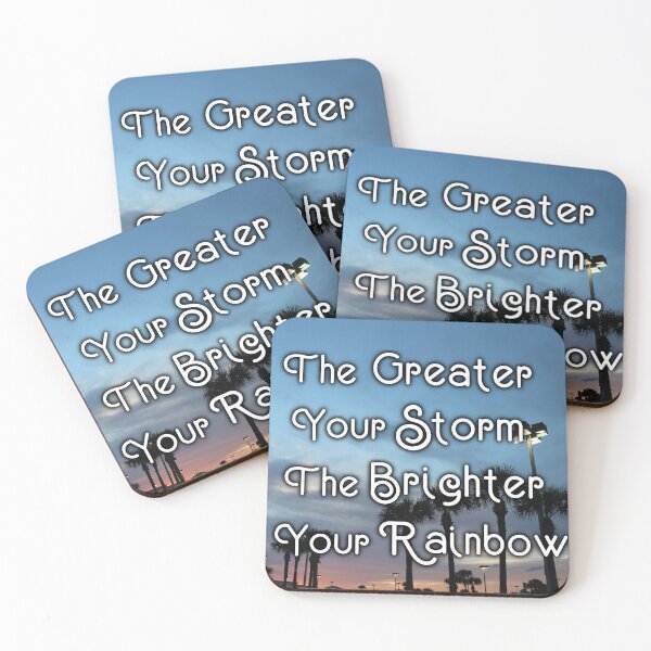 Item preview, The Greater Your Storm, The Brighter Your Rainbow - Inspirational Quote, Colorful Orange Sunset Sky Palm Tree Silhouette Aesthetic Photography designed and sold by Lucidesigns.