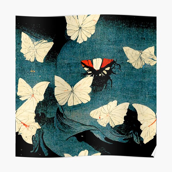 "Japanese Butterfly Pattern in the Ukiyoe Style on Dark Background" Poster for Sale by