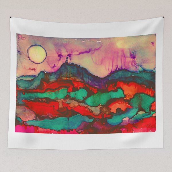 Item preview, Abstract landscape painting with moon and mountains in alcohol inks designed and sold by kittyvdheuvel.