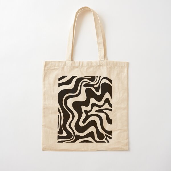 Retro Liquid Swirl Abstract Pattern in Black and Almond Cream Cotton Tote Bag
