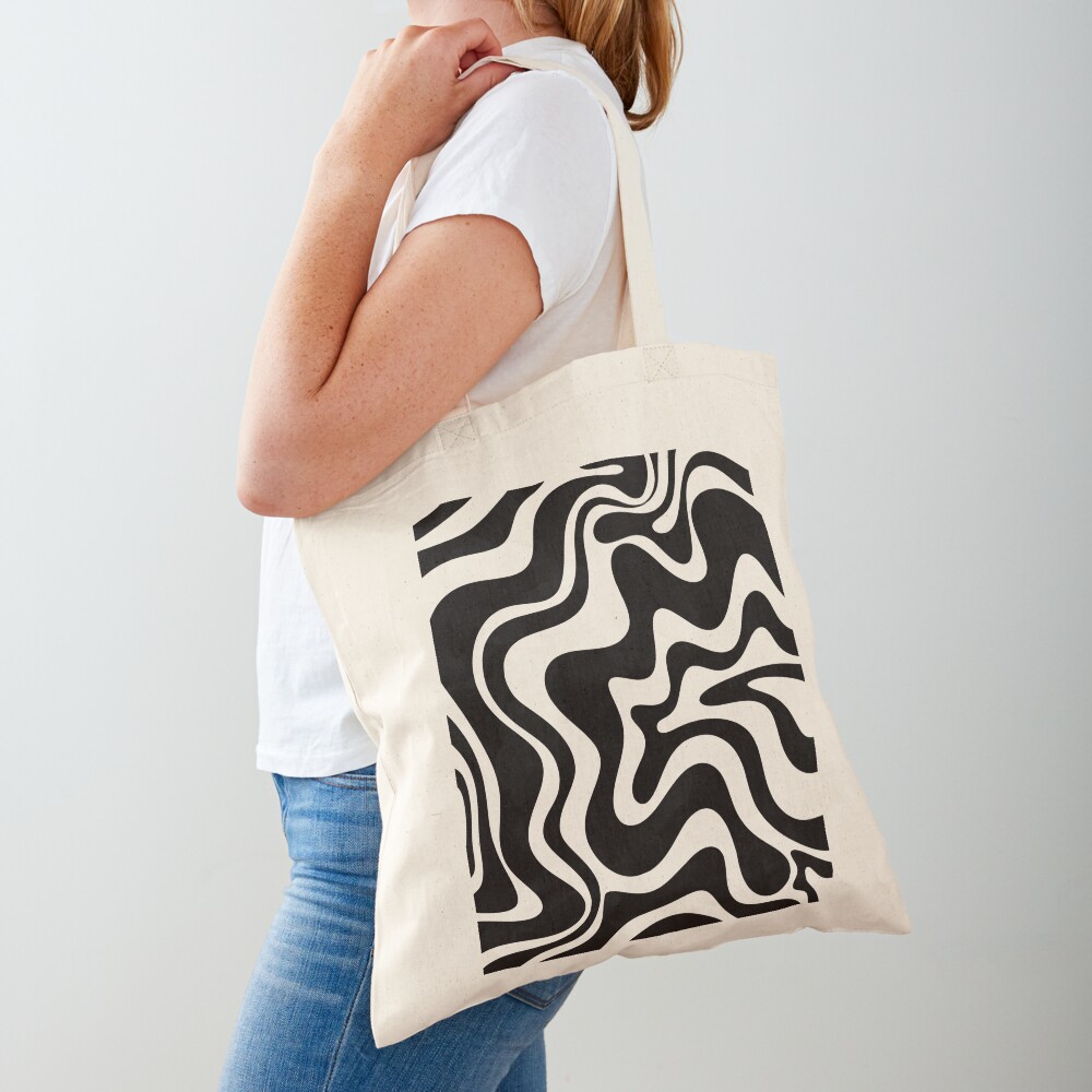 Retro Liquid Swirl Abstract Pattern in Black and Almond Cream Tote Bag