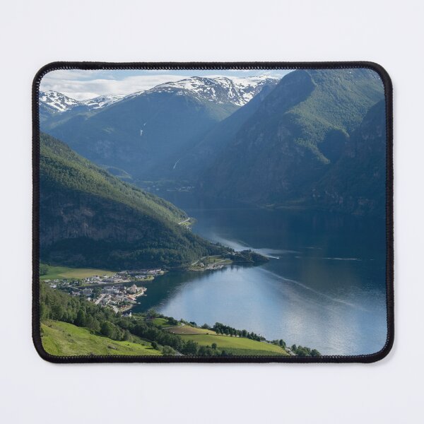 Item preview, Wonderful landscapes in Norway. Vestland. Beautiful scenery of Aurland fjord from the Aurlandsvangen view point facing to the village of Aurland and Flam. Sunny day designed and sold by Maurizio Fabbroni.