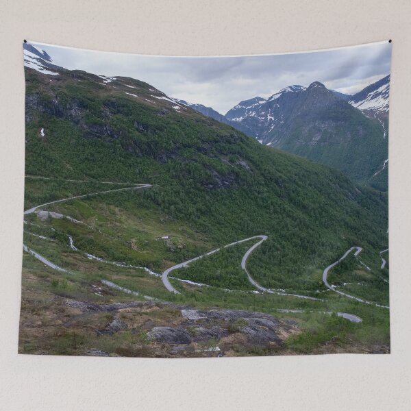 Item preview, Wonderful landscapes in Norway. Vestland. Beautiful scenery of winding roads and snowed mountains from the Gaularfjellet scenic route. Cloudy day.  designed and sold by Maurizio Fabbroni.