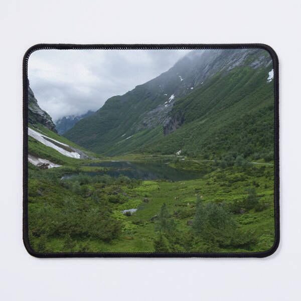 Item preview, Wonderful landscapes in Norway. Vestland. Beautiful scenery of Urasetra and surroundings. Cows, lake, road and snowed mountain. Paradise and heaven. Cloudy day designed and sold by Maurizio Fabbroni.