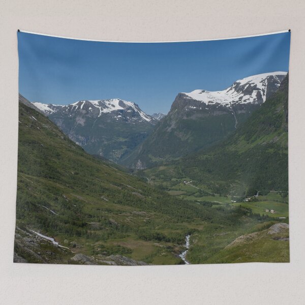 Item preview, Wonderful landscapes in Norway. Vestland. Beautiful scenery of mountain valley in Djupevatn on the Geiranger -Trollstigen scenic route. Snowed mountains and winding roads in background  designed and sold by Maurizio Fabbroni.
