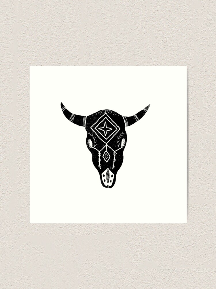 Longhorn Black And White Linocut Bull Art Print By Monooprints