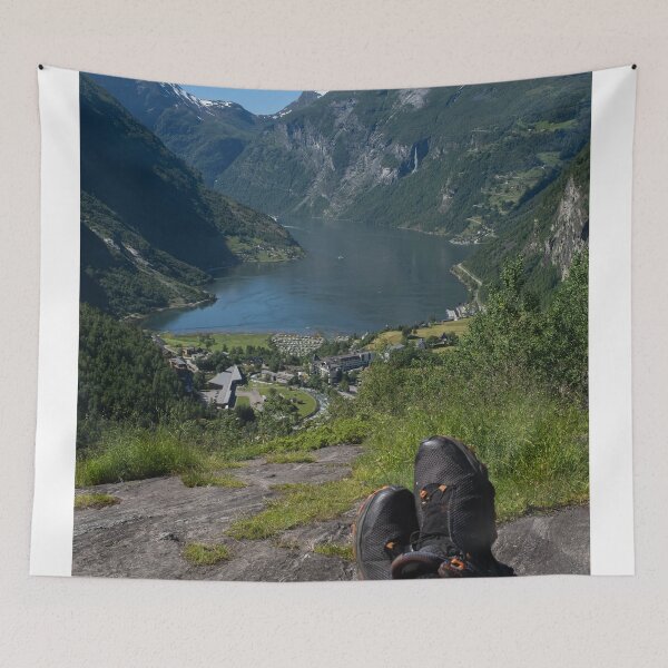 Item preview, Wonderful landscapes in Norway. Vestland. Beautiful scenery of Geiranger Fjord from the Queen's Chair viewpoint. Cruise ship, winding roads, waterfall and stream. designed and sold by Maurizio Fabbroni.