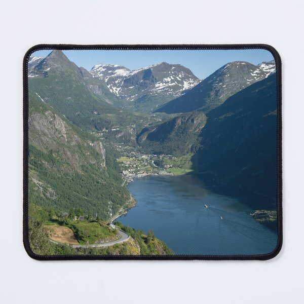 Item preview, Wonderful landscapes in Norway. Vestland. Beautiful scenery of Geiranger Fjord from the Ornesvingen viewpoint. Cruise ship, winding roads, waterfall and stream designed and sold by Maurizio Fabbroni.