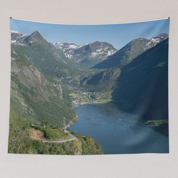 Item preview, Wonderful landscapes in Norway. Vestland. Beautiful scenery of Geiranger Fjord from the Ornesvingen viewpoint. Cruise ship, winding roads, waterfall and stream designed and sold by Maurizio Fabbroni.