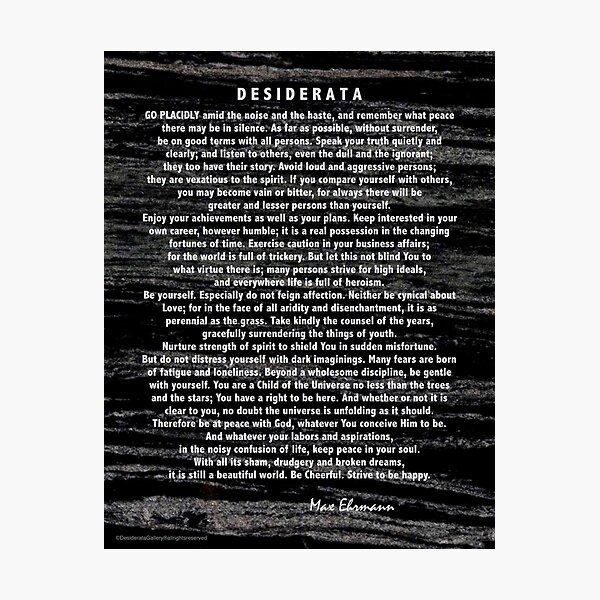 Desiderata Poem silver etched on Black Marble Photographic Print