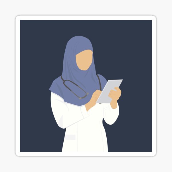 Flat simple illustration with muslim doctor with muslim headscarf in green  background