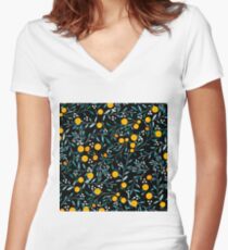 Orangen auf Schwarz Fitted V-Neck T-Shirt