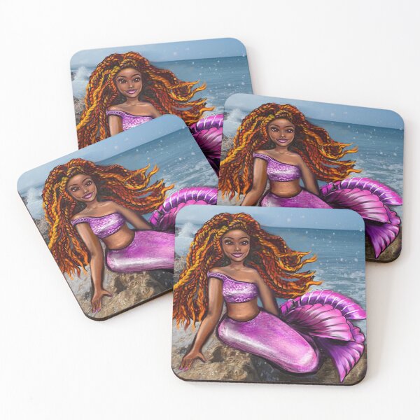 Item preview, Mermaid with red braids relaxing on the rocks  with brown eyes, flowing Afro hair and caramel brown skin designed and sold by Artonmytee.
