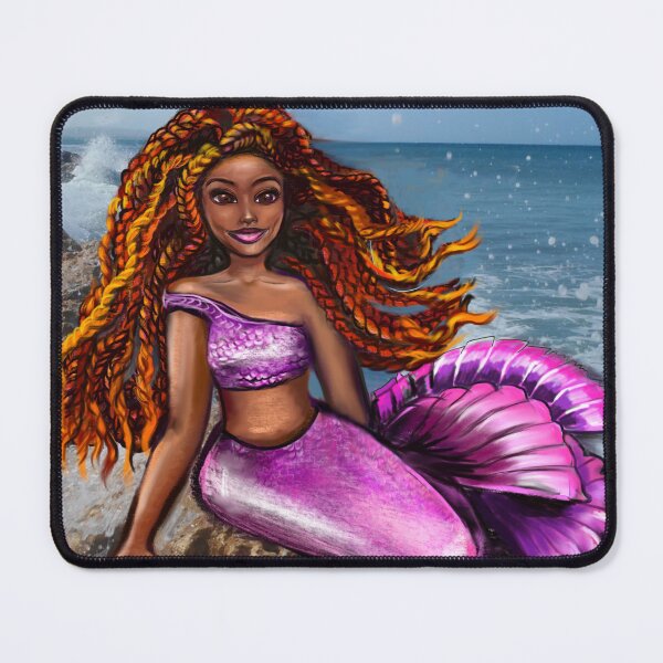 Item preview, Mermaid with red braids relaxing on the rocks  with brown eyes, flowing Afro hair and caramel brown skin designed and sold by Artonmytee.