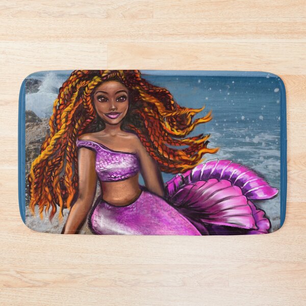 Item preview, Mermaid with red braids relaxing on the rocks  with brown eyes, flowing Afro hair and caramel brown skin designed and sold by Artonmytee.