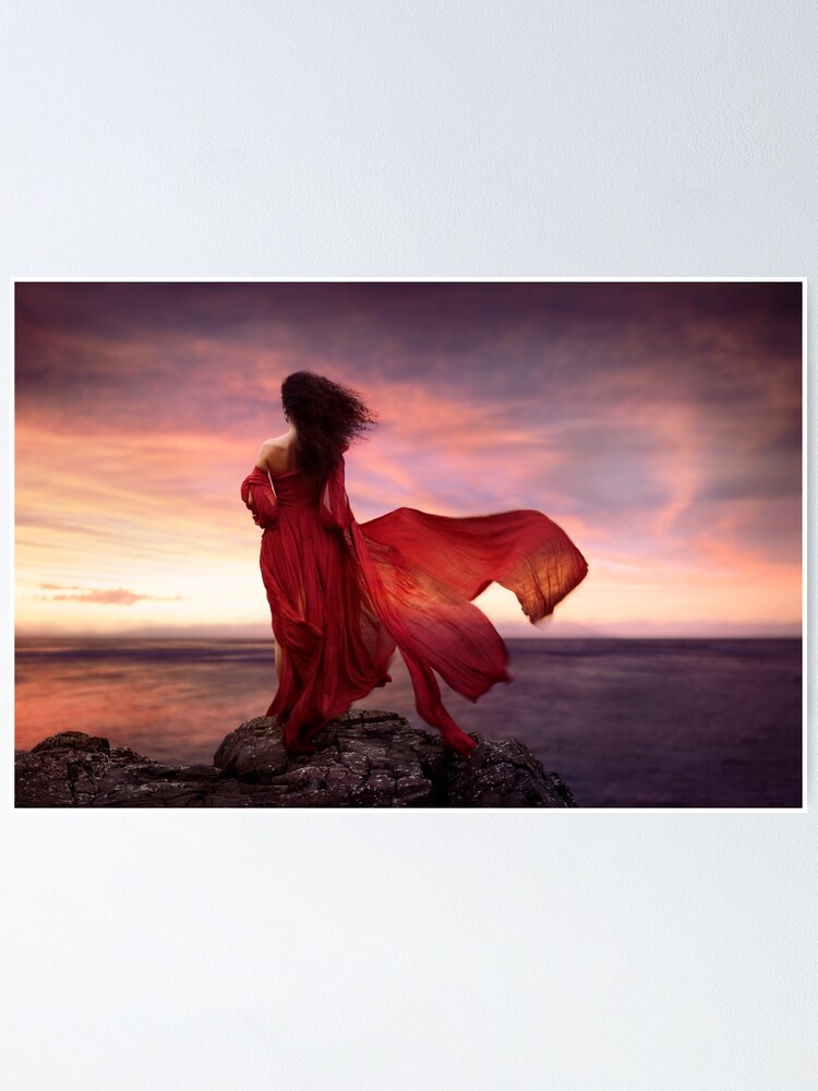 Woman in Red Dress Standing in a Lava Field Framed Print Picture Poster Art 