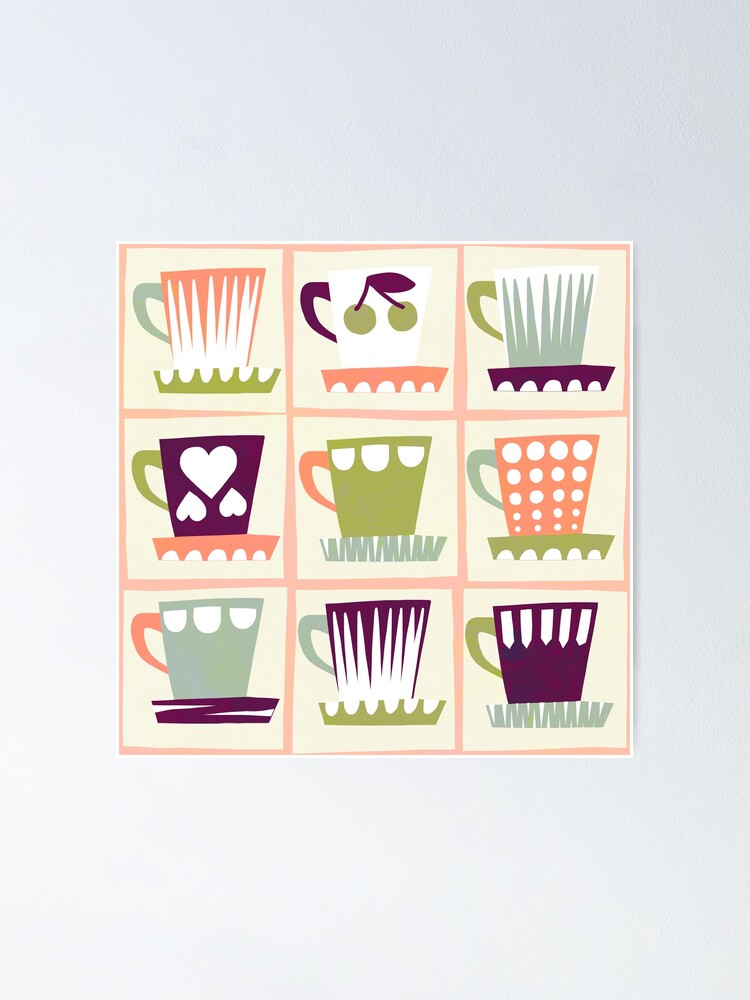 "Retro Coffee & Tea Cups Collection Minimal graphic collage art