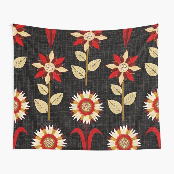 Retro Flowers with Christmas Colors Black Background Tapestry