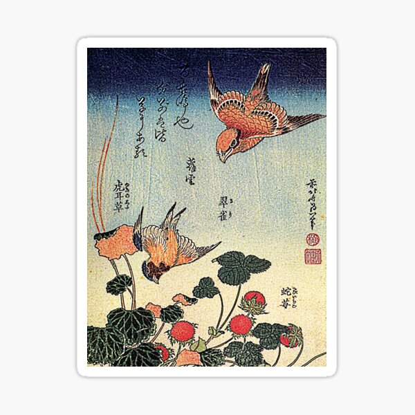 'Wild Strawberries and Birds' by Katsushika Hokusai (Reproduction) Sticker