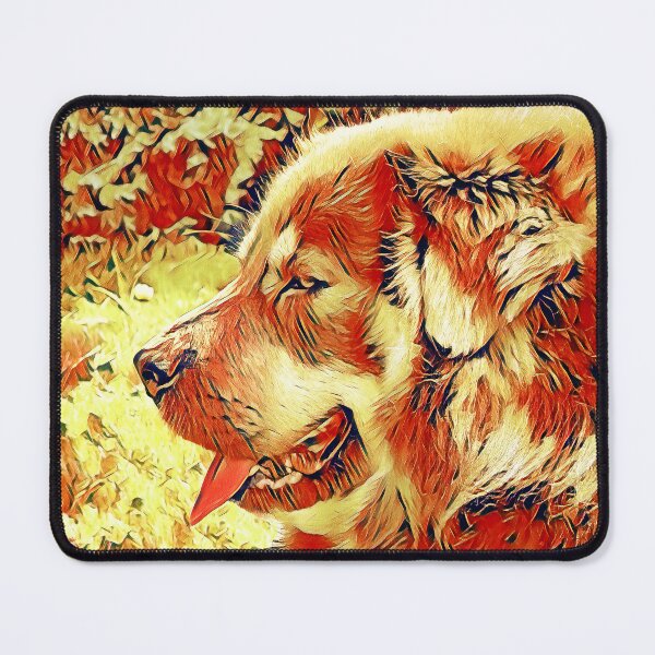 Item preview, Tibetan Mastiff dog sitting profile with its mouth open - sandwisp and tabasco colors designed and sold by NickoPrints.