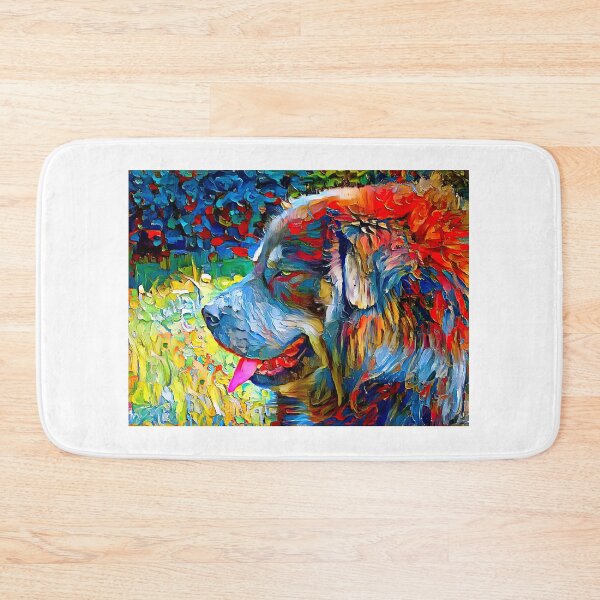 Item preview, Tibetan Mastiff dog sitting profile with its mouth open - colorful palette knife oil texture designed and sold by NickoPrints.