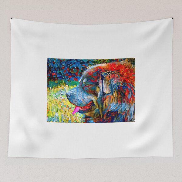 Item preview, Tibetan Mastiff dog sitting profile with its mouth open - colorful palette knife oil texture designed and sold by NickoPrints.
