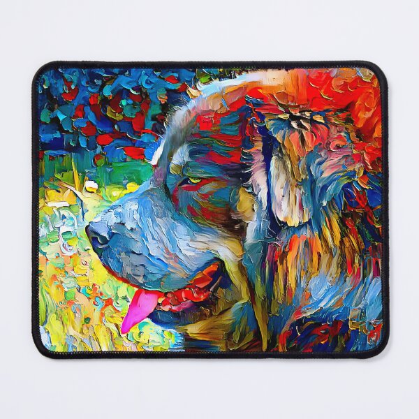 Item preview, Tibetan Mastiff dog sitting profile with its mouth open - colorful palette knife oil texture designed and sold by NickoPrints.
