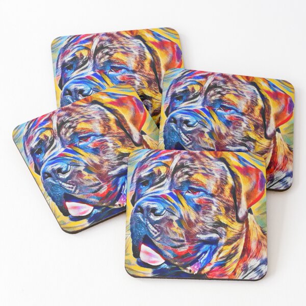 Item preview, English Mastiff head close-up - colorful zebra pattern painting designed and sold by NickoPrints.