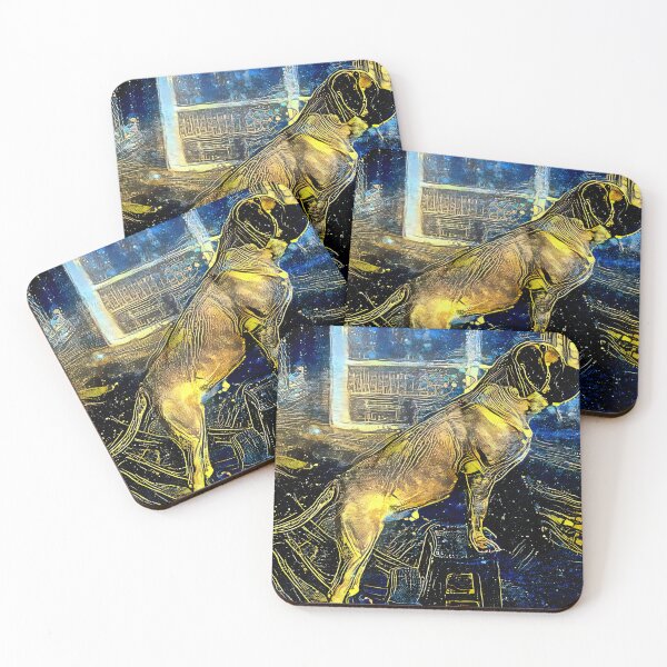 Item preview, English Mastiff climbing a ladder - starry blue with yellow colorful painting designed and sold by NickoPrints.