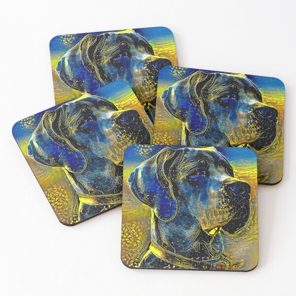 Item preview, Great Dane portrait - starry blue with yellow colorful painting designed and sold by NickoPrints.