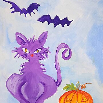 Artwork thumbnail, Original Cute Purple Cat Halloween Art by Brenda Knoll by Brenda Knoll
