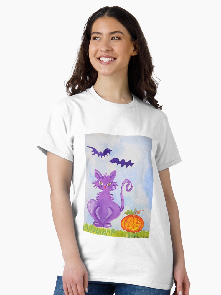 Thumbnail 1 of 7, Classic T-Shirt, Original Cute Purple Cat Halloween Art by Brenda Knoll designed and sold by BrendaKnoll.
