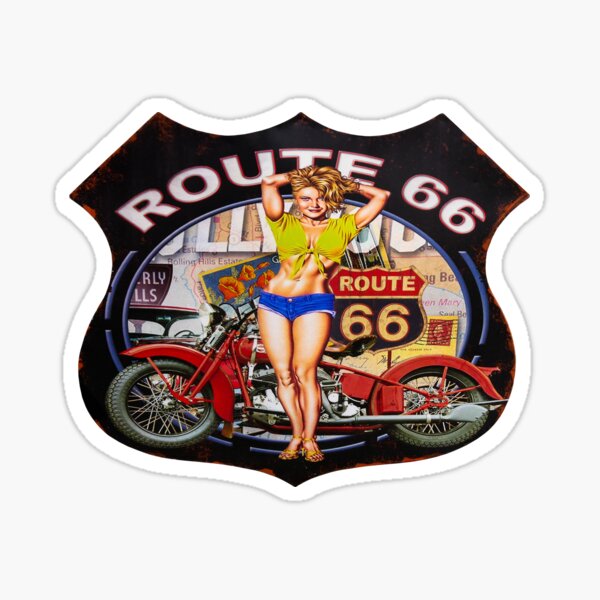 Route de l'Amérique 66 avec une moto de rue rouge. Sticker