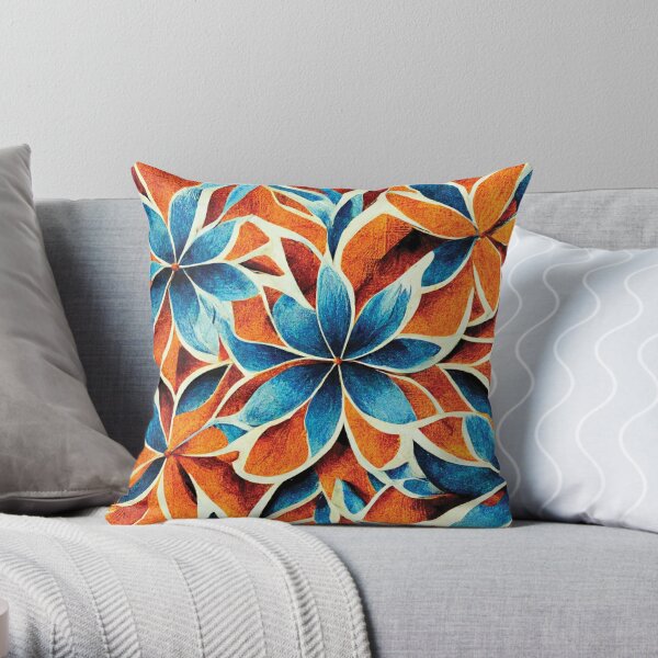 Burnt Orange and Blue Floral Throw Pillow